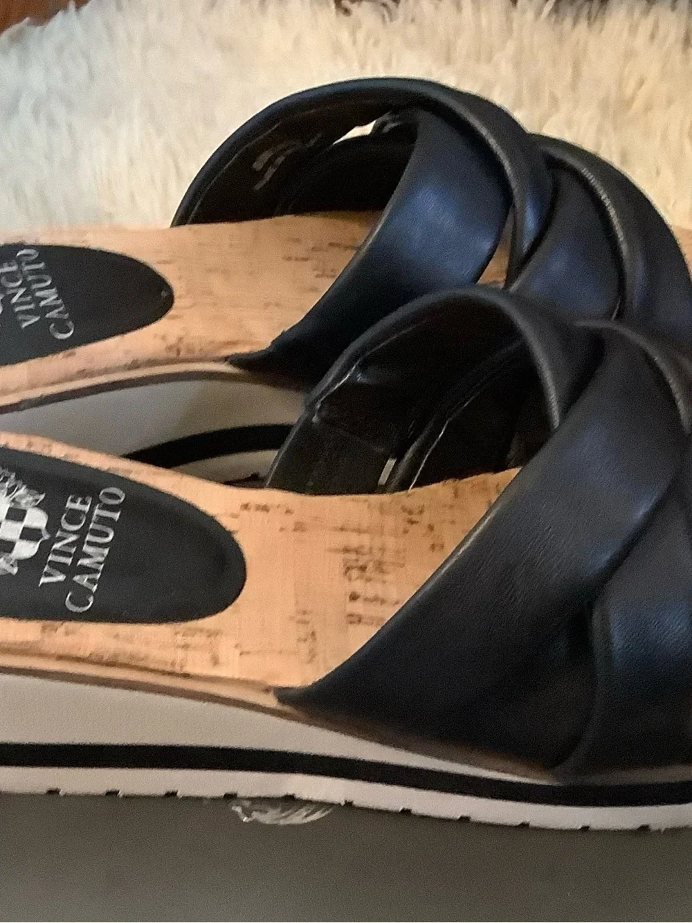 Vince Camuto Black Braided Leather Cork Slide Sandals